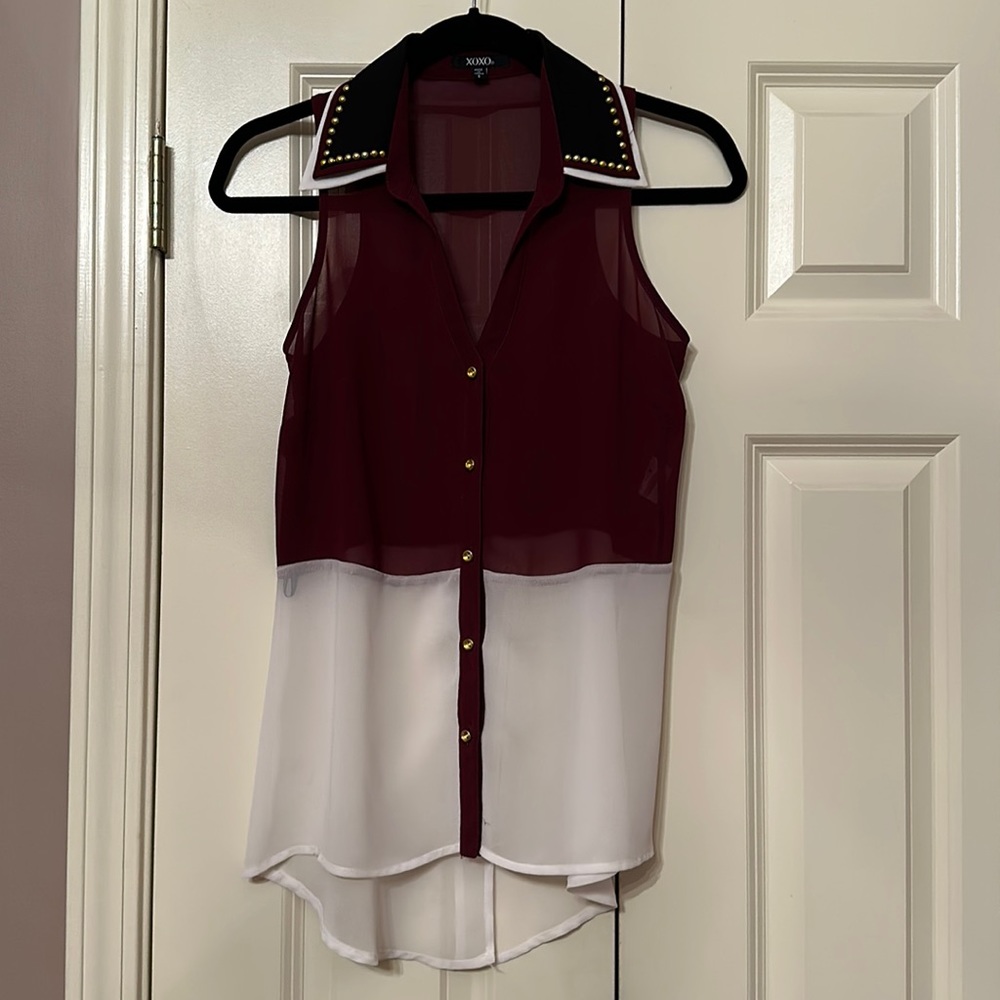 XOXO Sheer Sleeveless Button Up Top